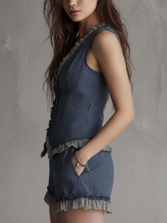 Pinstripe Pure-Cotton Denim Vest & Shorts Set