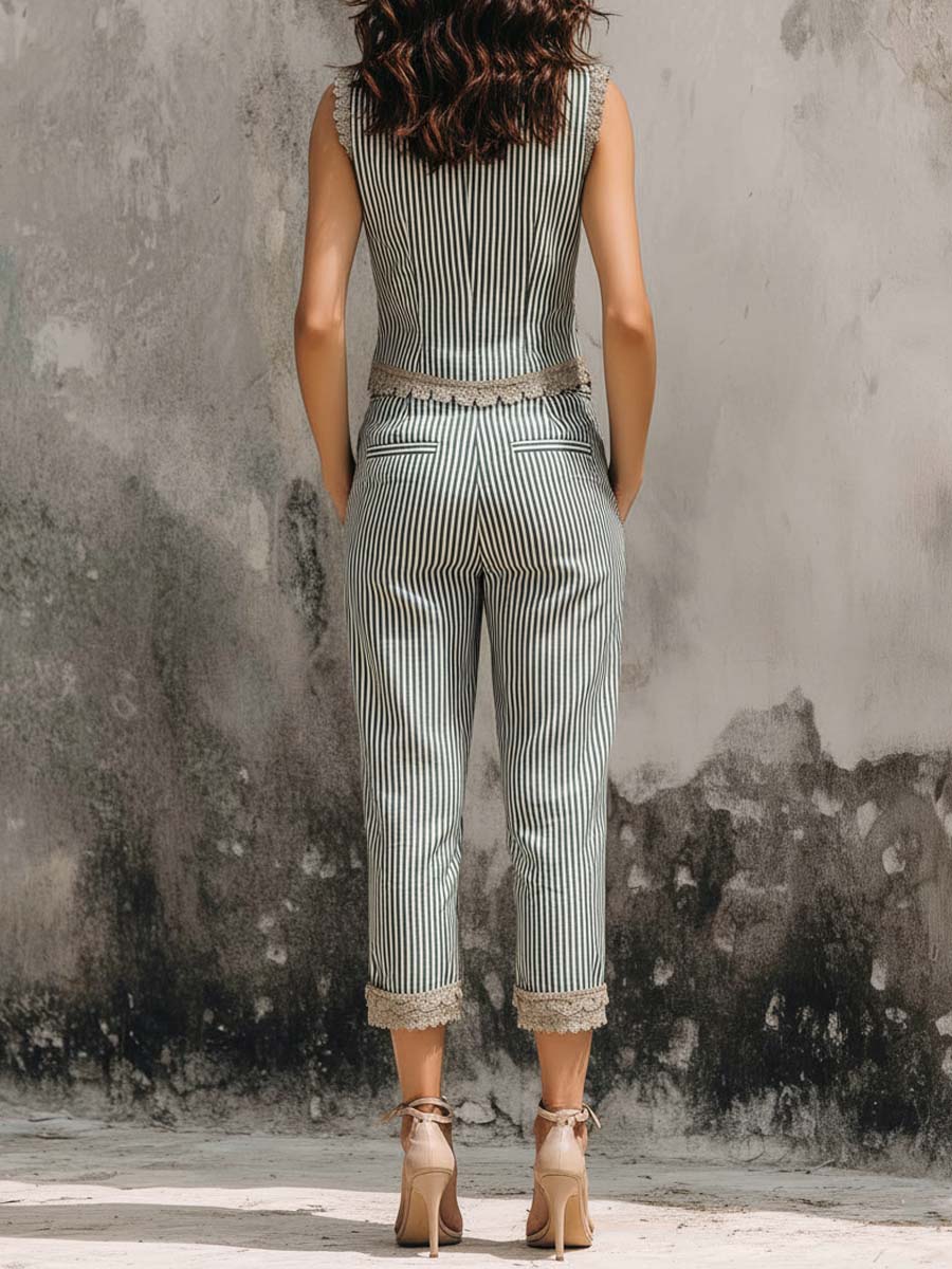 Classic Beige Green Striped Vest & Cropped Pants Two-Piece Set