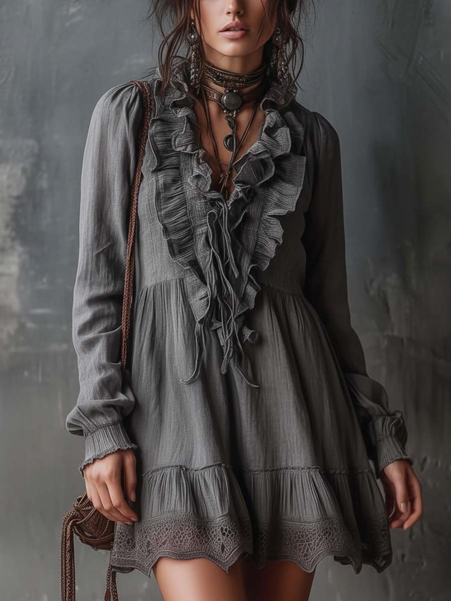 Ruffled V-Neck Cotton-Linen Mini Dress