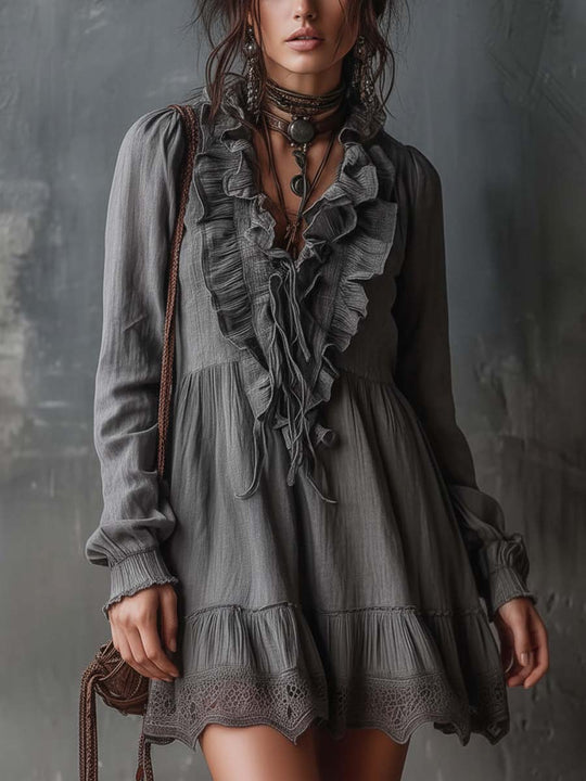 Ruffled V-Neck Cotton-Linen Mini Dress