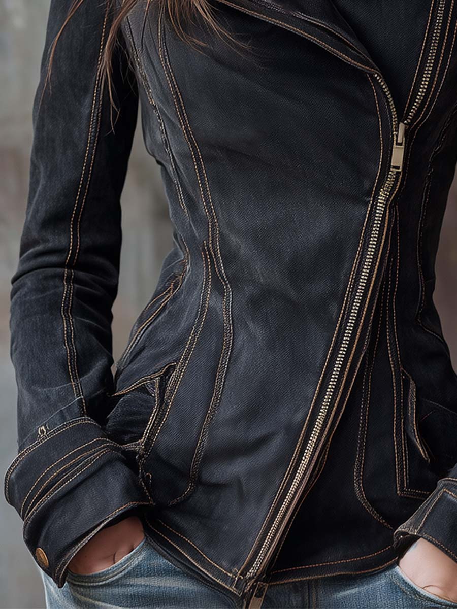 Vintage Washed Denim Moto Jacket – Charcoal Edge