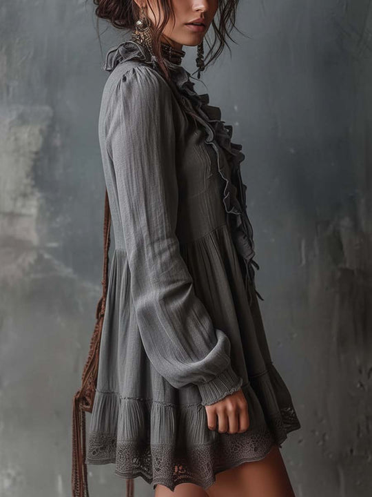 Ruffled V-Neck Cotton-Linen Mini Dress