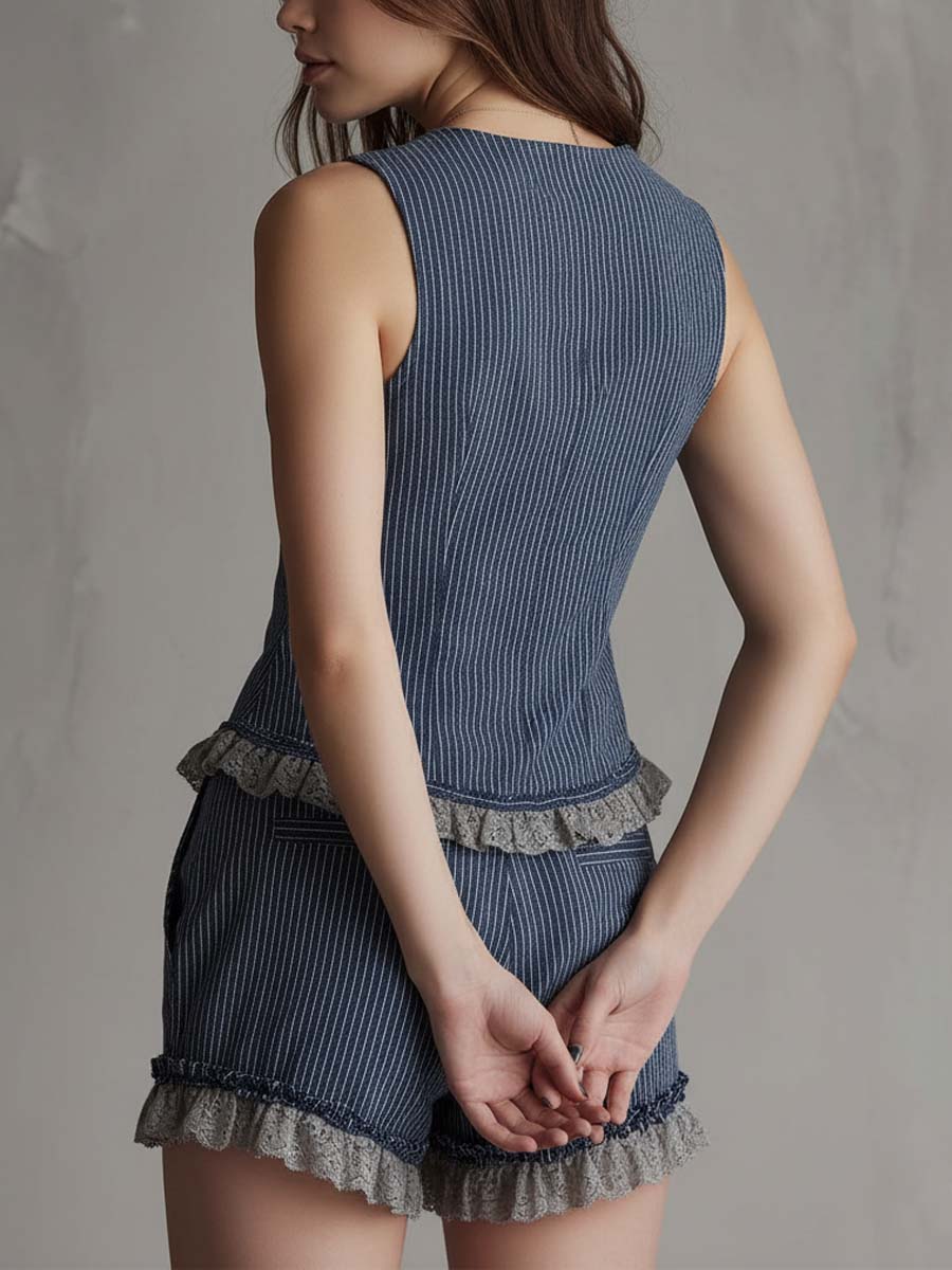 Pinstripe Pure-Cotton Denim Vest & Shorts Set