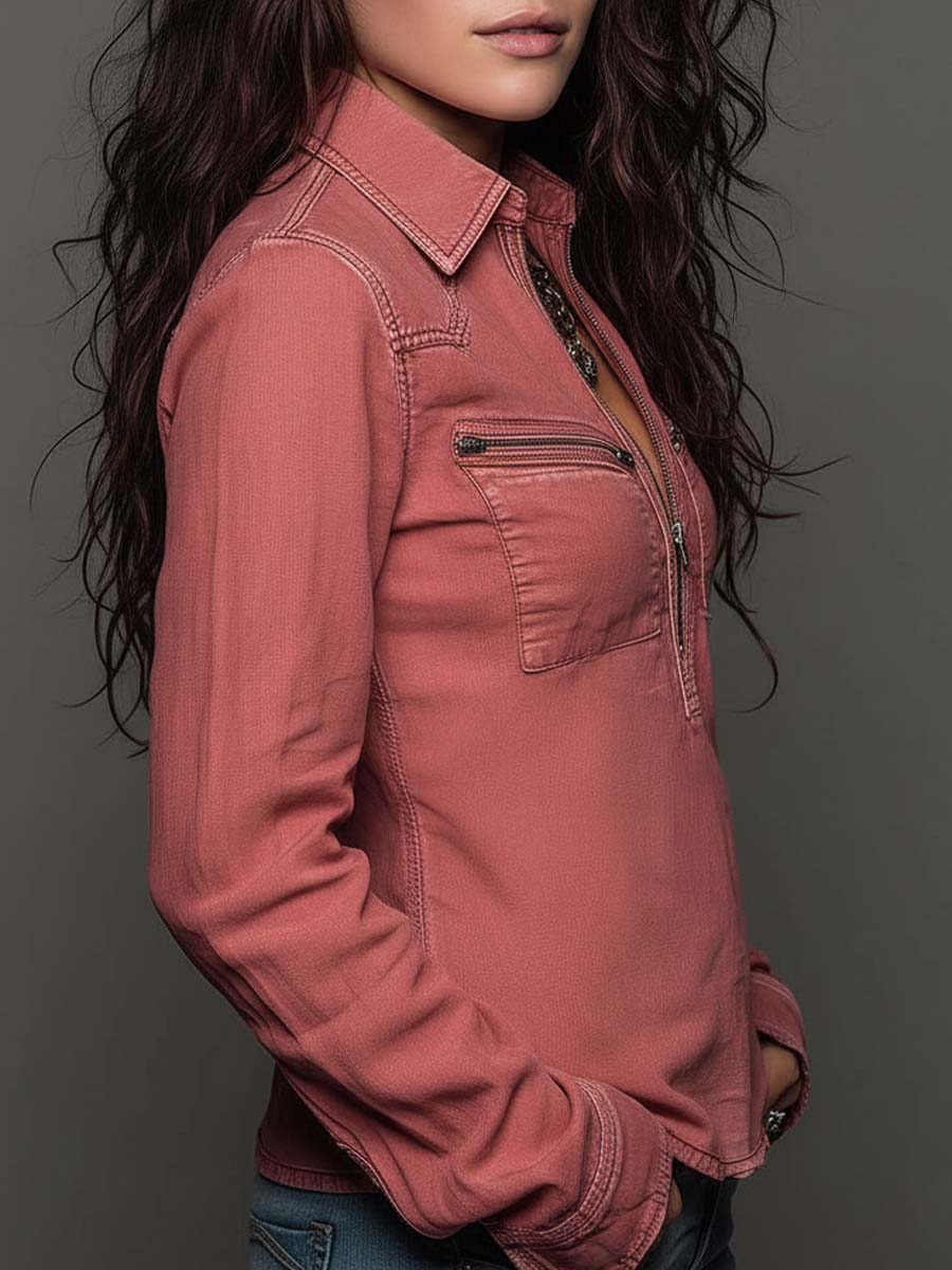 Pure-Cotton Washed Denim Zip Shirt