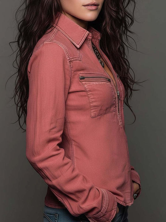 Pure-Cotton Washed Denim Zip Shirt