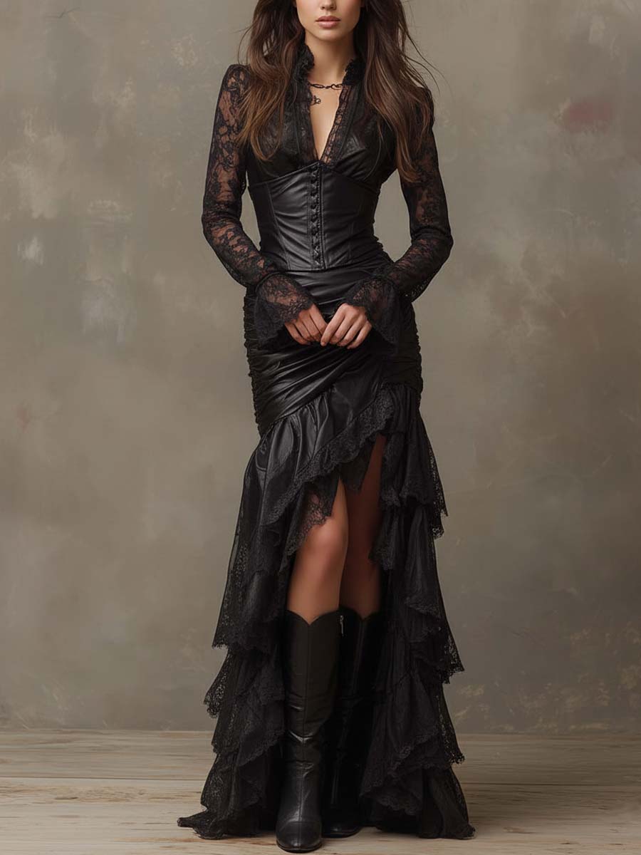 Black Faux Leather Corset Maxi Dress With Lace Sleeves