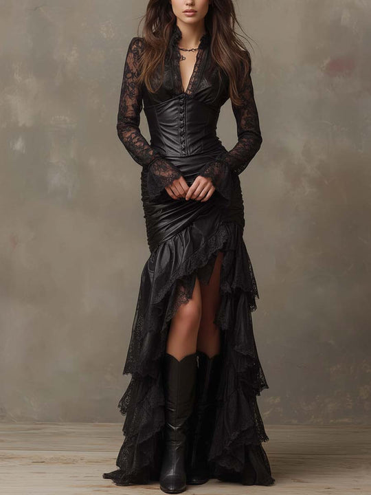 Black Faux Leather Corset Maxi Dress With Lace Sleeves