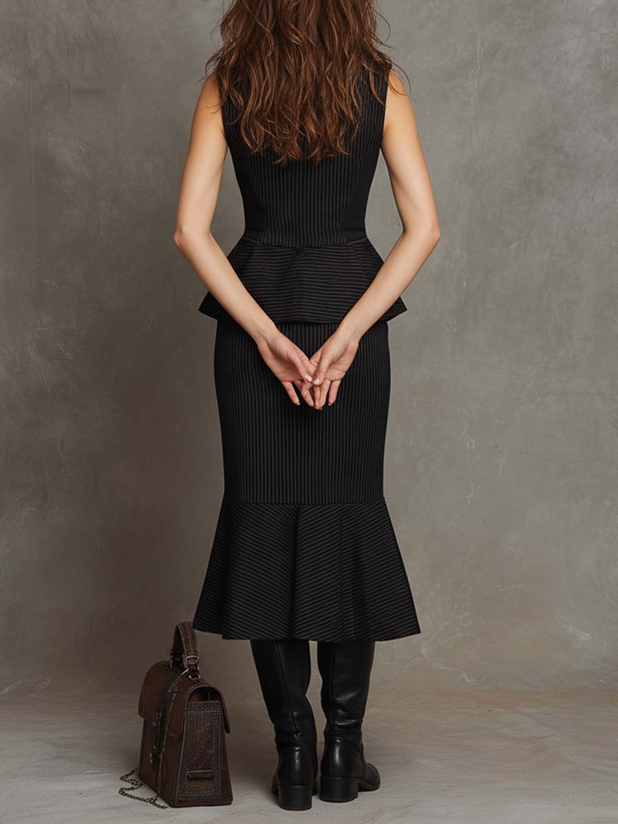 Detachable Print-Collar Pinstripe Vest & Midi Skirt Set
