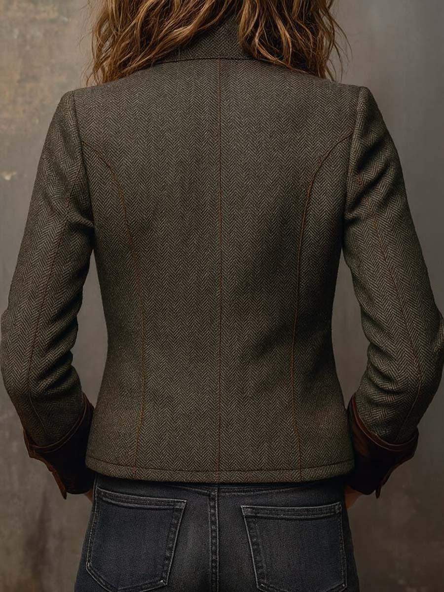 Vintage Herringbone Tweed Blazer With Velvet Trim