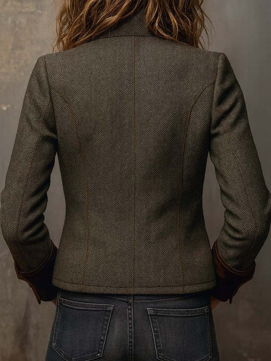 Vintage Herringbone Tweed Blazer With Velvet Trim