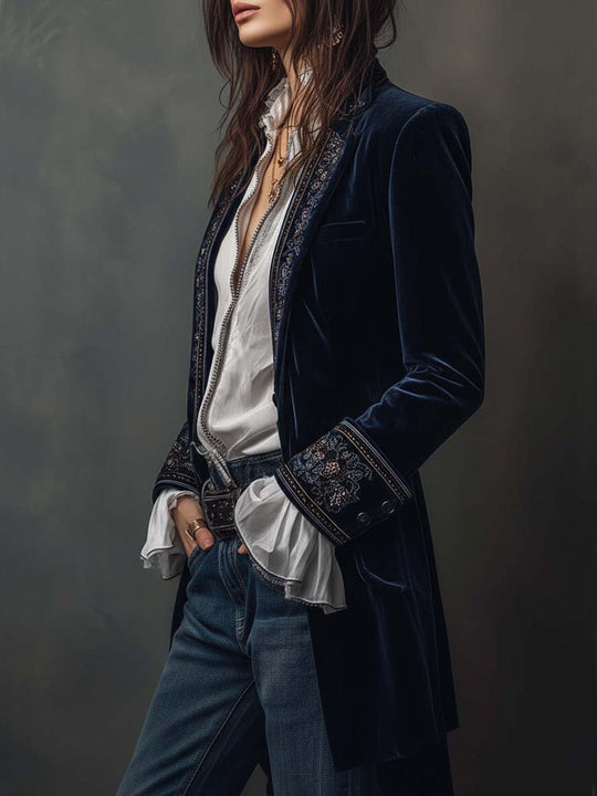 Vintage Navy Polyester Velvet Embroidered Long Jacket