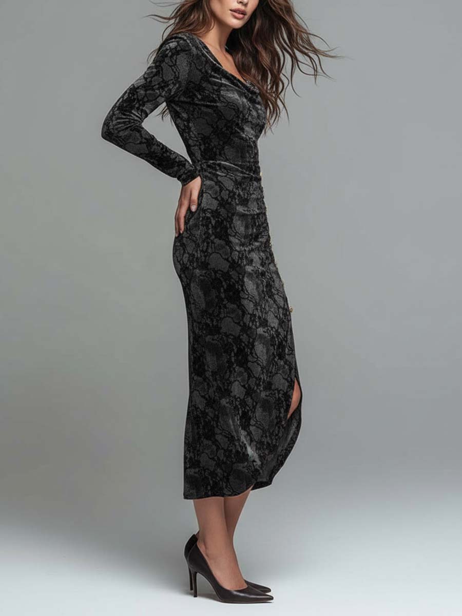 Velvet-Lace Bodycon Midi Dress With Side Buttons