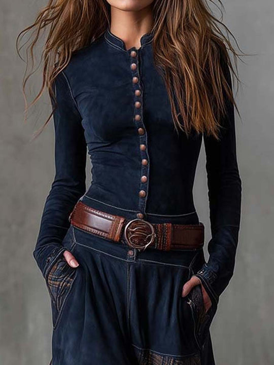 Vintage Patchwork Suede Maxi Dress With Plaid Panels