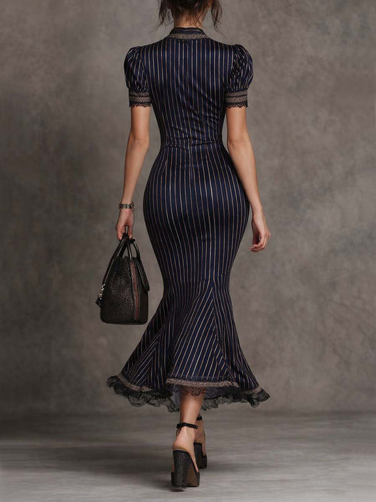 Elegant Vintage Pinstripe Lace Trim Midi Dress