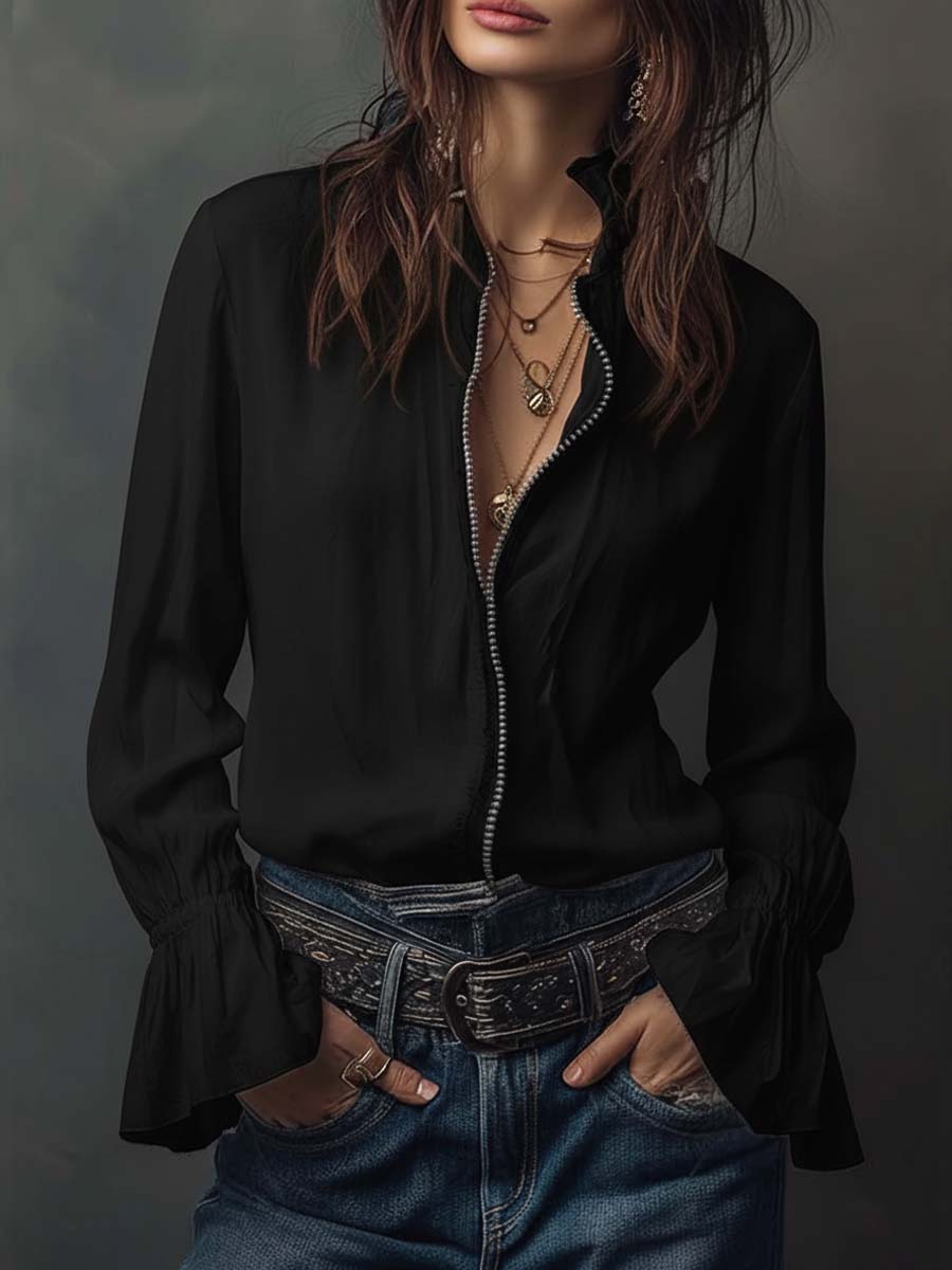 White Zip-Front Blouse With Flounce Cuffs