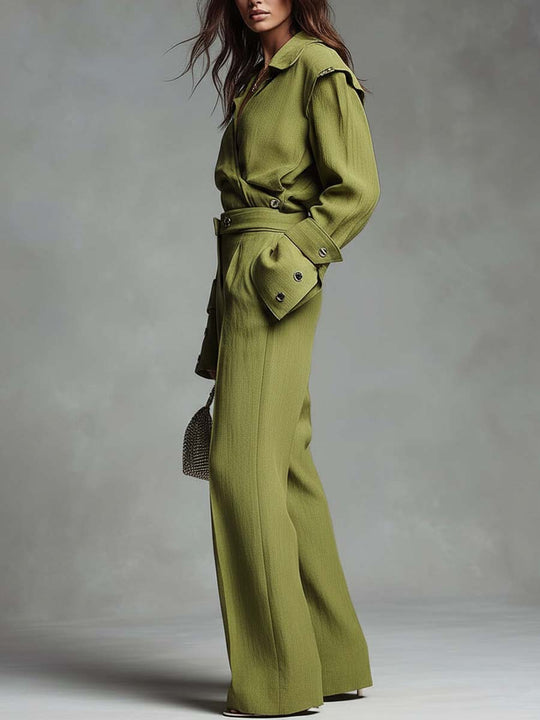 Rayon-Linen Tailored Wrap Shirt & Wide-Leg Trouser Set