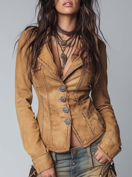 Slim-fit Vintage-style Washed Khaki Denim Jacket