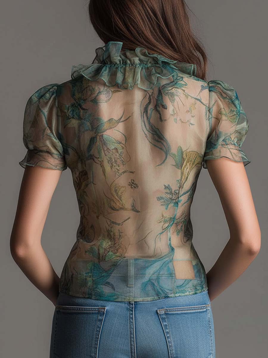 Elegant Boho Ruffled Sheer Floral Chiffon Top