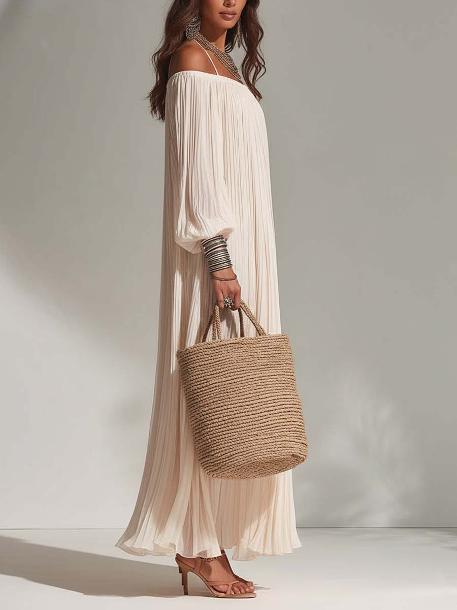 Bohemian Resort Pleated Ivory Off-Shoulder Maxi Dress