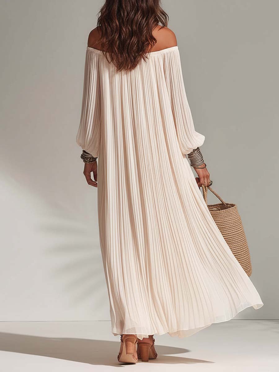 Bohemian Resort Pleated Ivory Off-Shoulder Maxi Dress