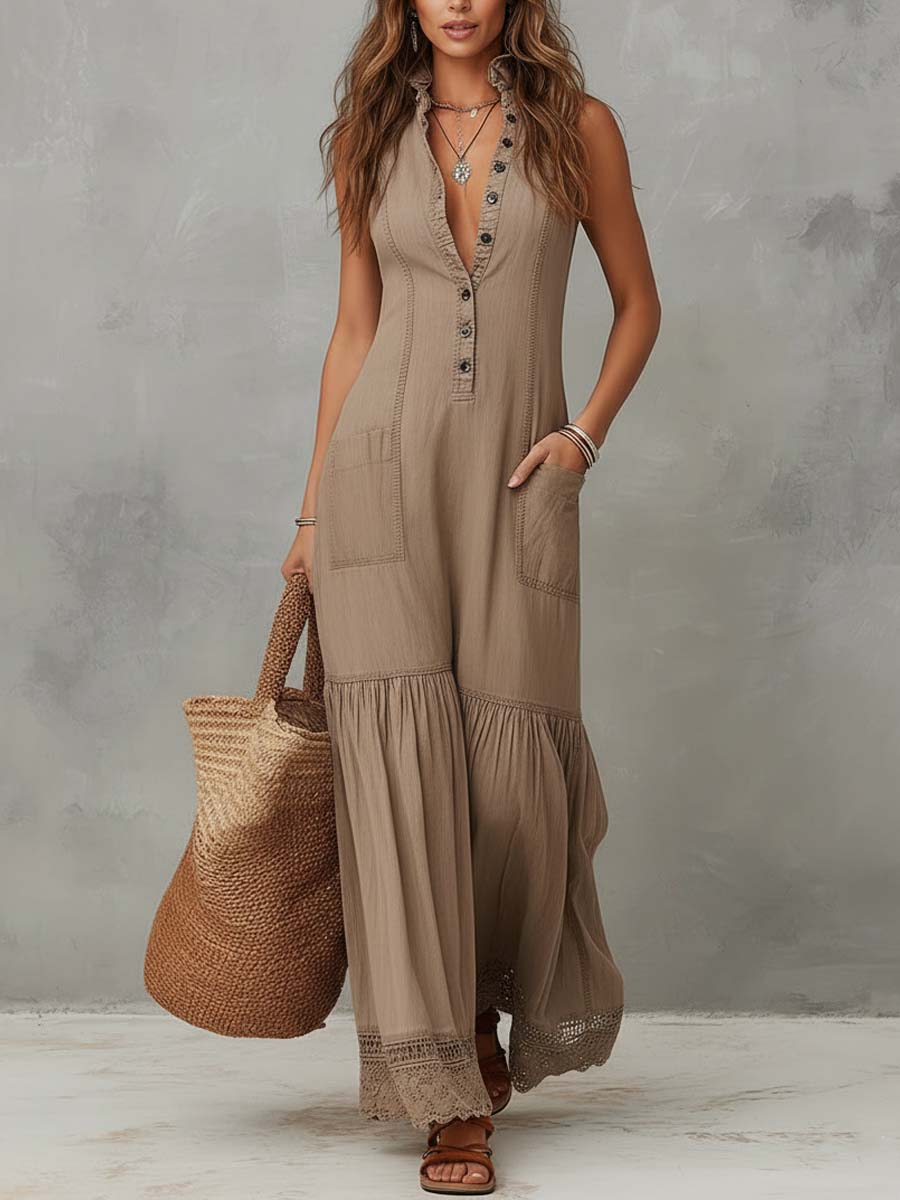 Classic Khaki Pure-Cotton Sleeveless Maxi Dress