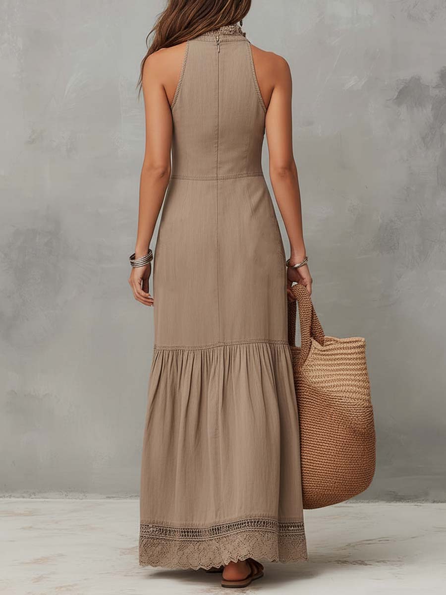 Classic Khaki Pure-Cotton Sleeveless Maxi Dress