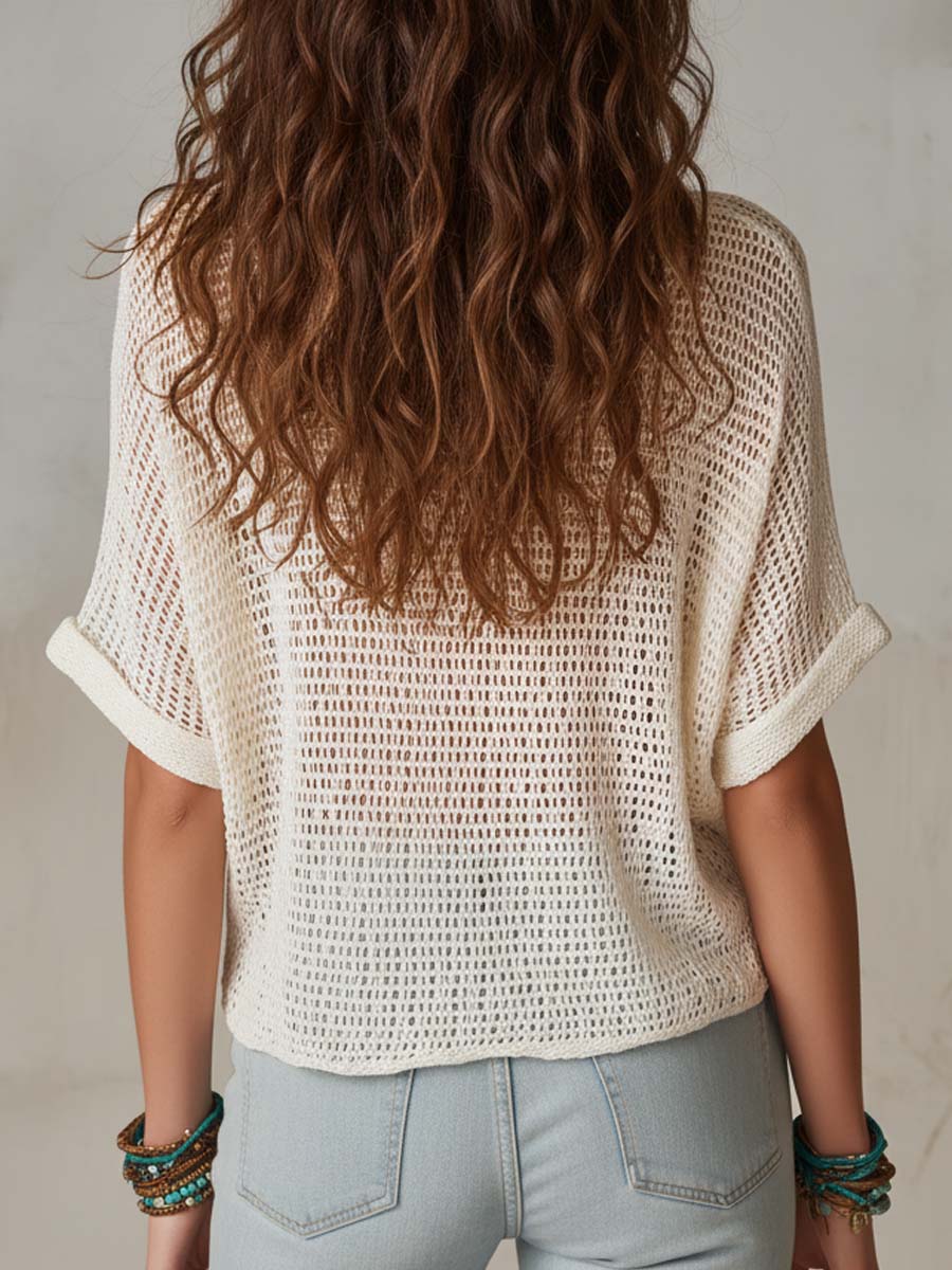 Bohemian Casual Open-Knit Short Sleeve  Top