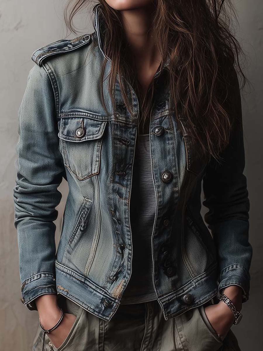 Washed And Faded Utility Denim Jacket With Epaulettes