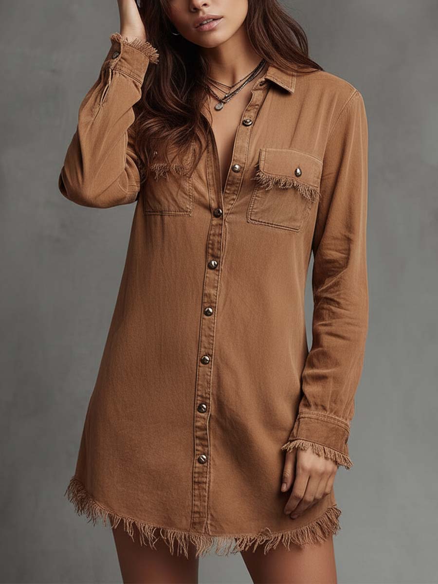Pure-Cotton Denim Shirt Dress With Raw-Edge Trim