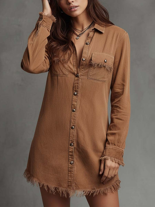Pure-Cotton Denim Shirt Dress With Raw-Edge Trim