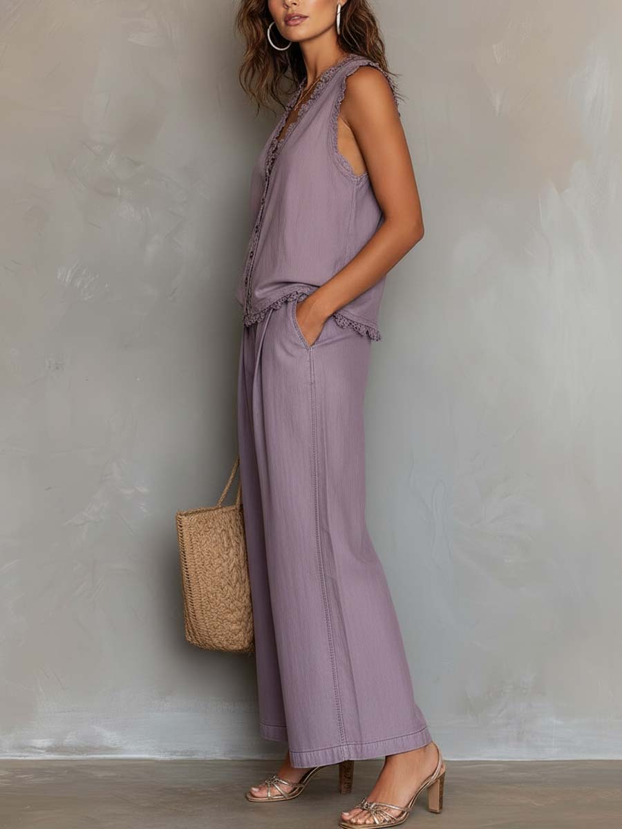 Casual Tencel Sleeveless Button-Front Top & Wide-Leg Pants Set