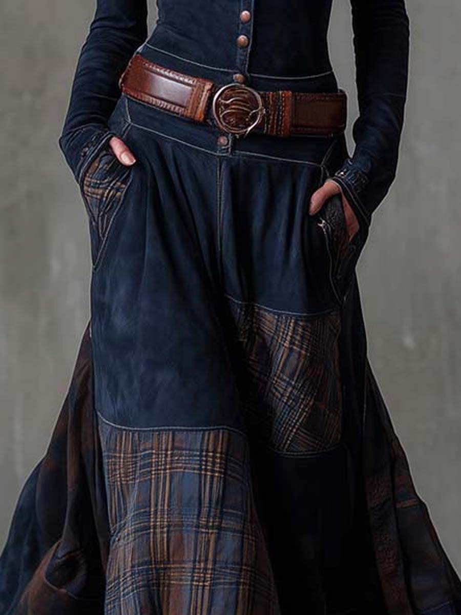 Vintage Patchwork Suede Maxi Dress With Plaid Panels