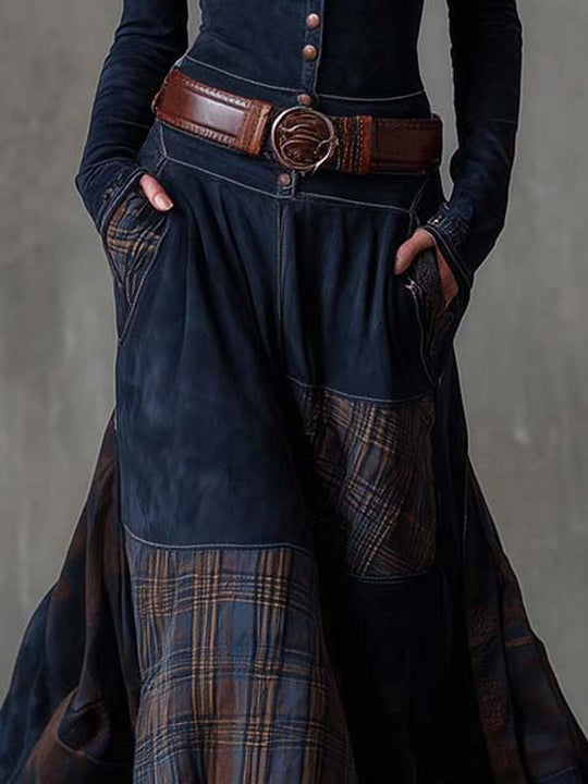 Vintage Patchwork Suede Maxi Dress With Plaid Panels