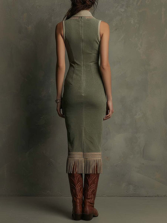 Embroidered Fringe-Hem Sleeveless Midi Dress