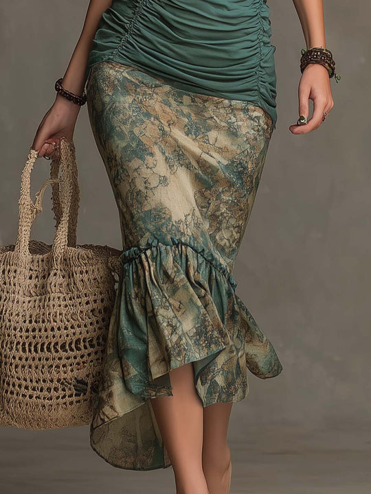 Bohemian Cowl Neck Ruched Midi Dress In Teal Beige Floral