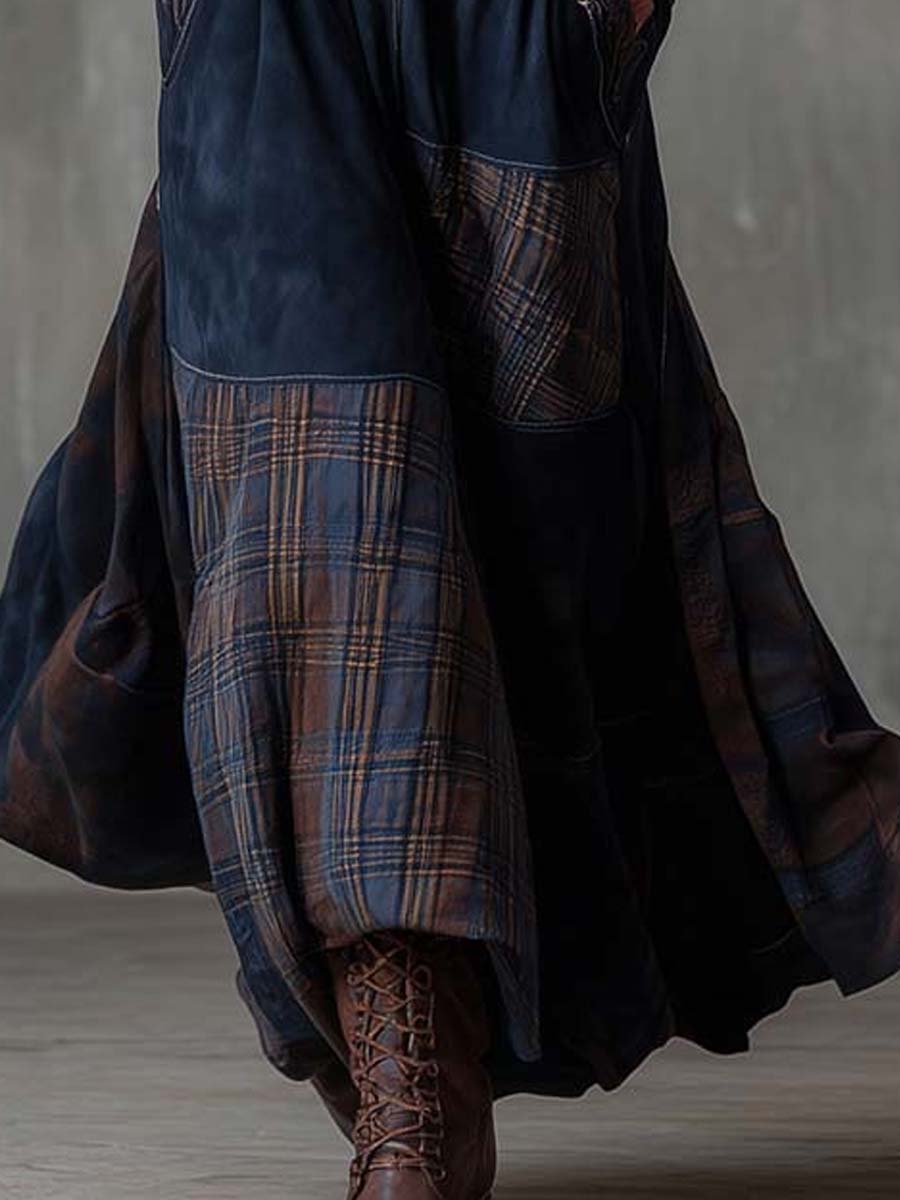 Vintage Patchwork Suede Maxi Dress With Plaid Panels