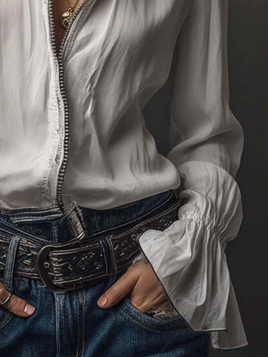 White Zip-Front Blouse With Flounce Cuffs