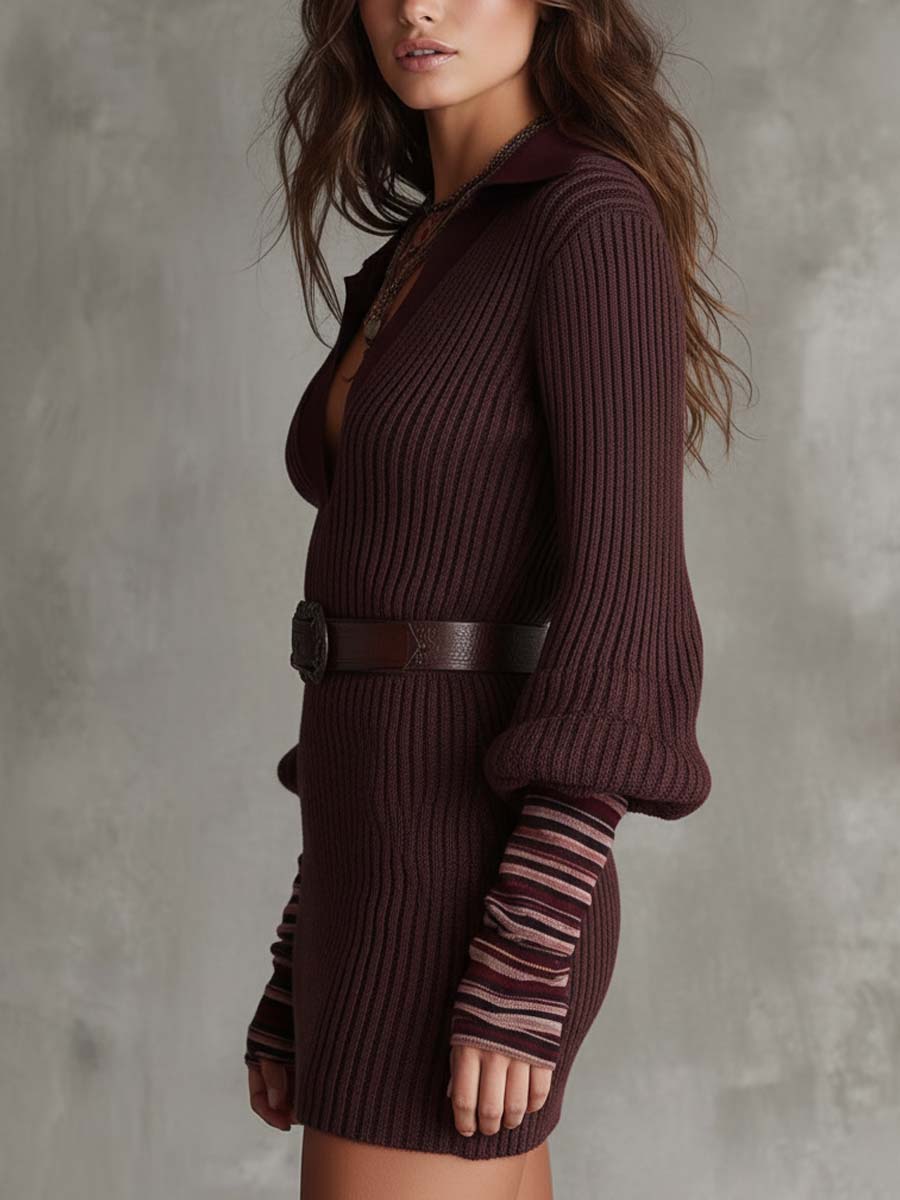 Vintage Rib-Knit Mini Sweater Dress With Contrast Collar & Layered Sleeve Detail