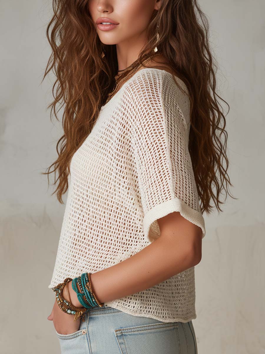 Bohemian Casual Open-Knit Short Sleeve  Top