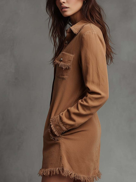 Pure-Cotton Denim Shirt Dress With Raw-Edge Trim