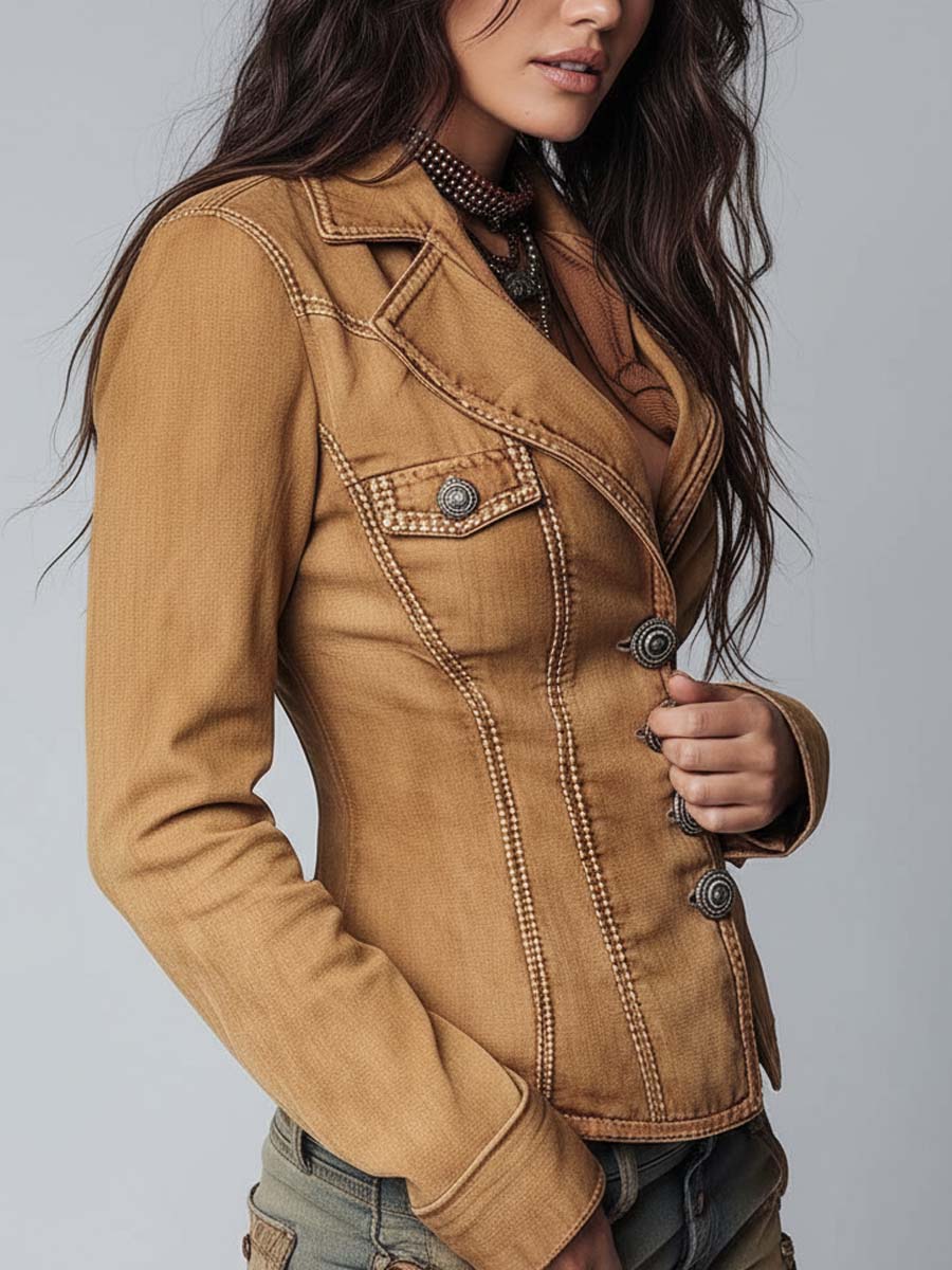 Slim-fit Vintage-style Washed Khaki Denim Jacket