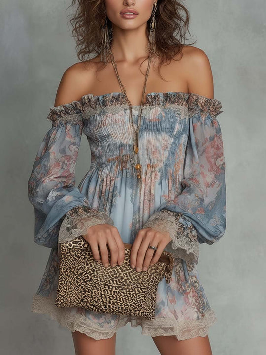 Off-Shoulder Smocked Chiffon Mini Dress