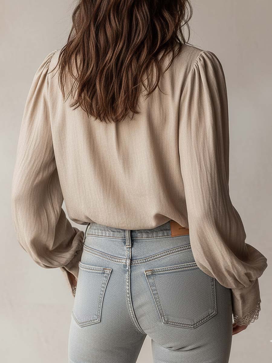 Vintage Ruffled Lace Trim Zip Blouse