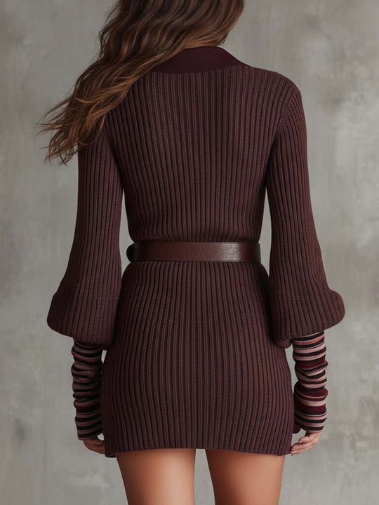 Vintage Rib-Knit Mini Sweater Dress With Contrast Collar & Layered Sleeve Detail