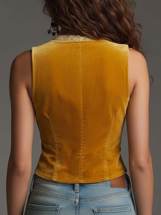 Embroidered Velvet Corset Vest In Golden Marigold