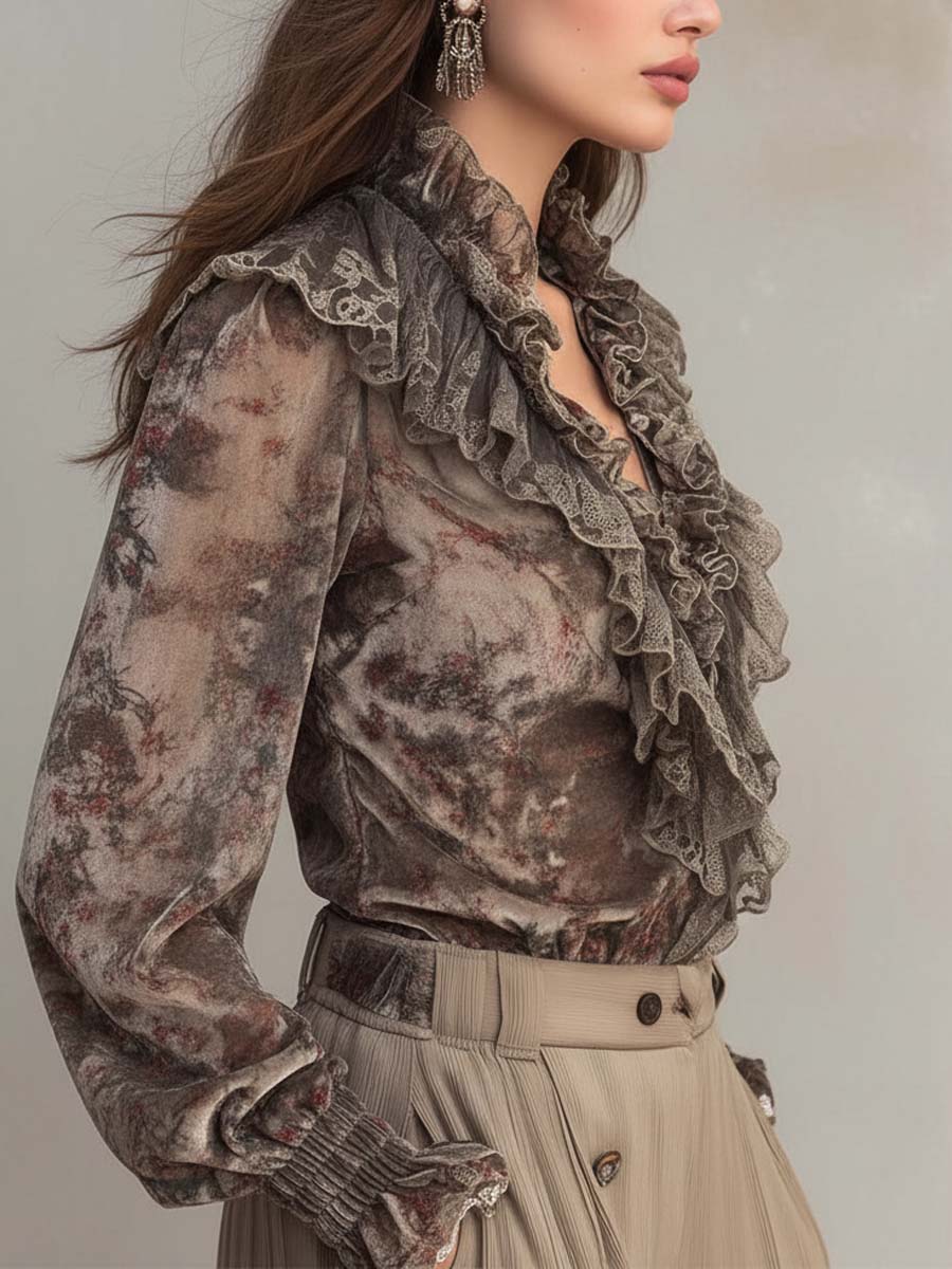 Velvet Floral Print Ruffled Blouse