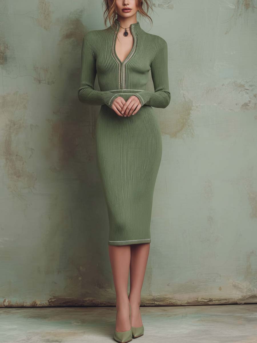 Embellished Ribbed Knit Bodycon Midi Dress