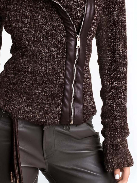 Brown Asymmetrical Zip Ribbed Knit Jacket
