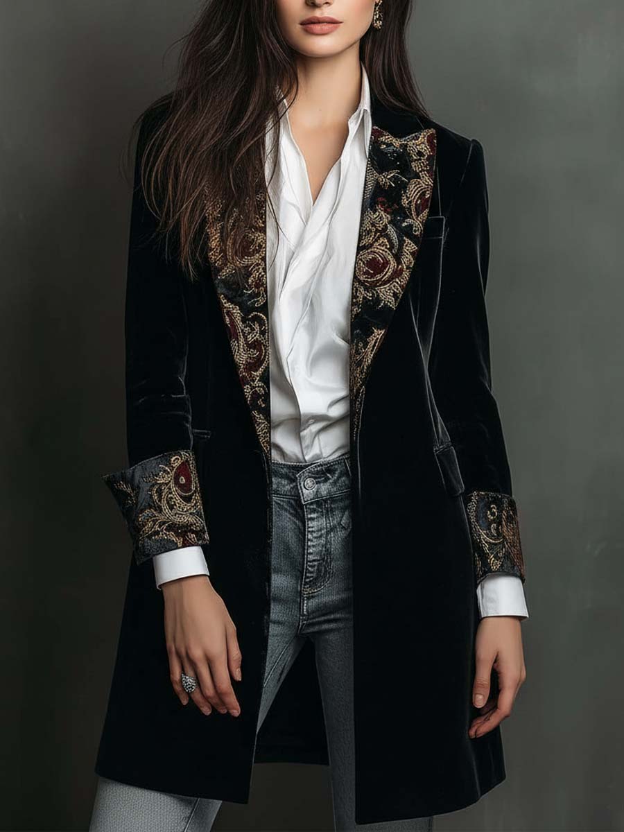 Black Velvet Blazer With Baroque Printed Lapel – Timeless Vintage Luxury
