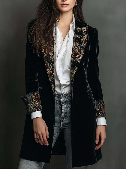 Black Velvet Blazer With Baroque Printed Lapel – Timeless Vintage Luxury
